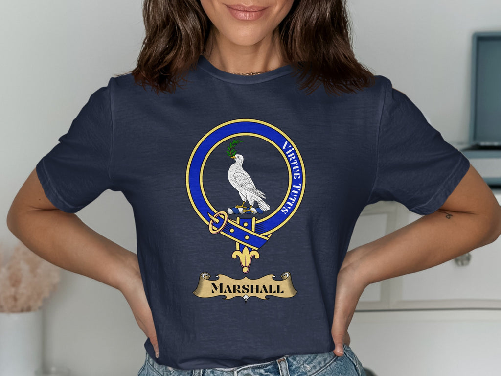 Marshall Scottish clan crest design on Navy T-shirt
