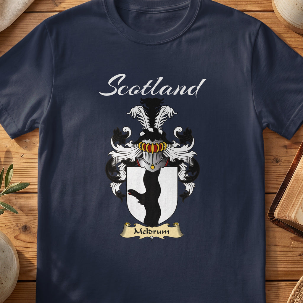 Navy Meldrum family shield T-shirt featuring a black animal-leg silhouette on a white shield