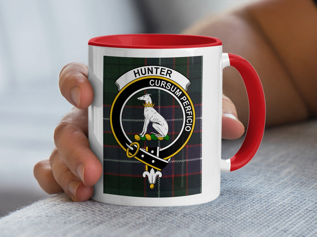 Hunter family crest tartan mug with red handle and rim