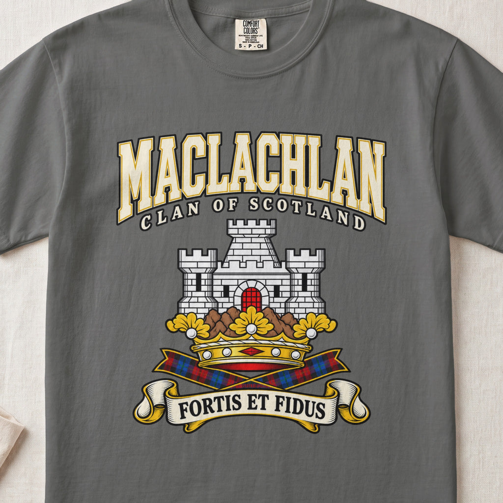 MacLachlan Scottish clan graphic T-shirt in Pepper, front view