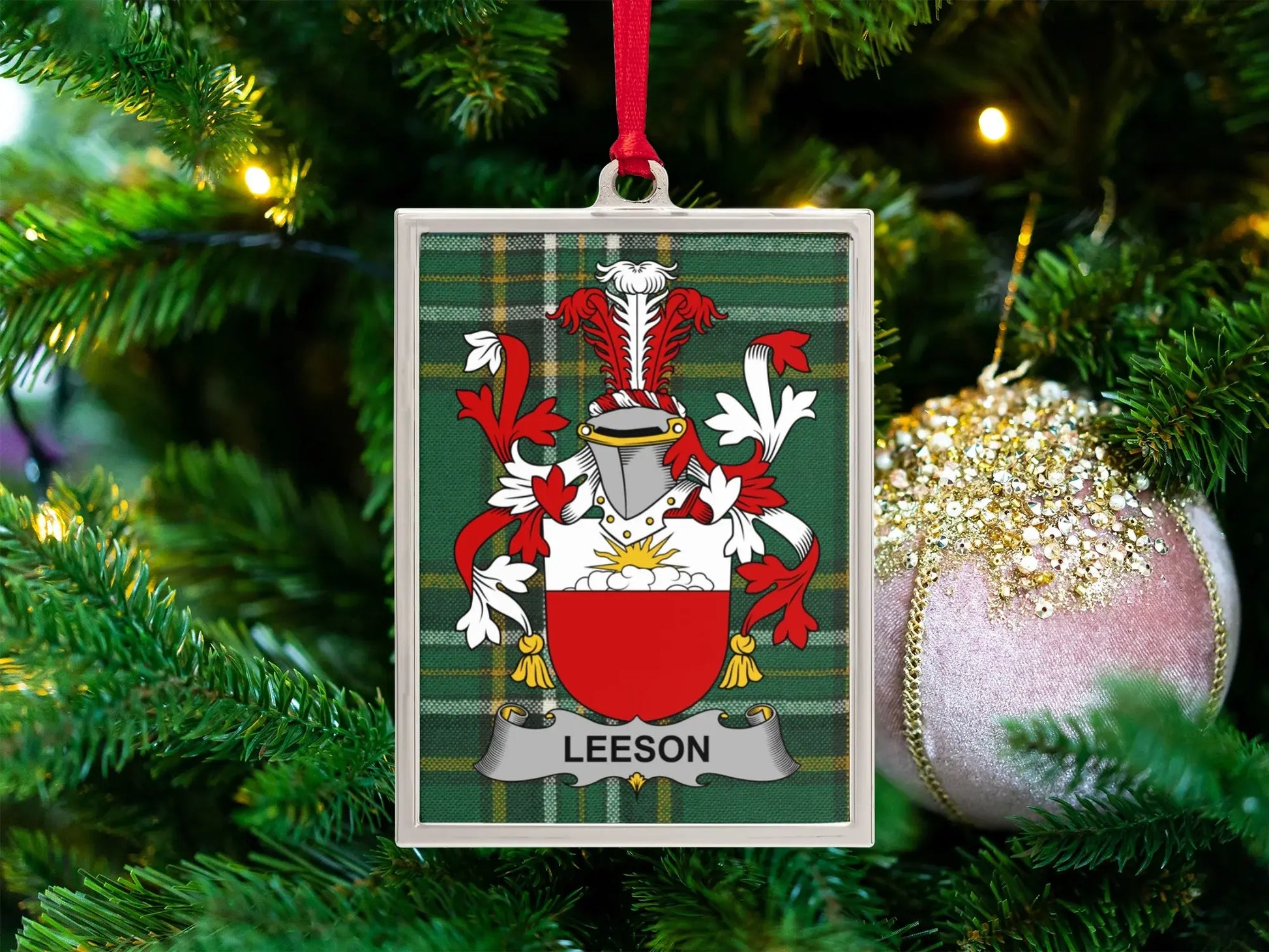 Leeson Family Crest Green Plaid Holiday Ornament product