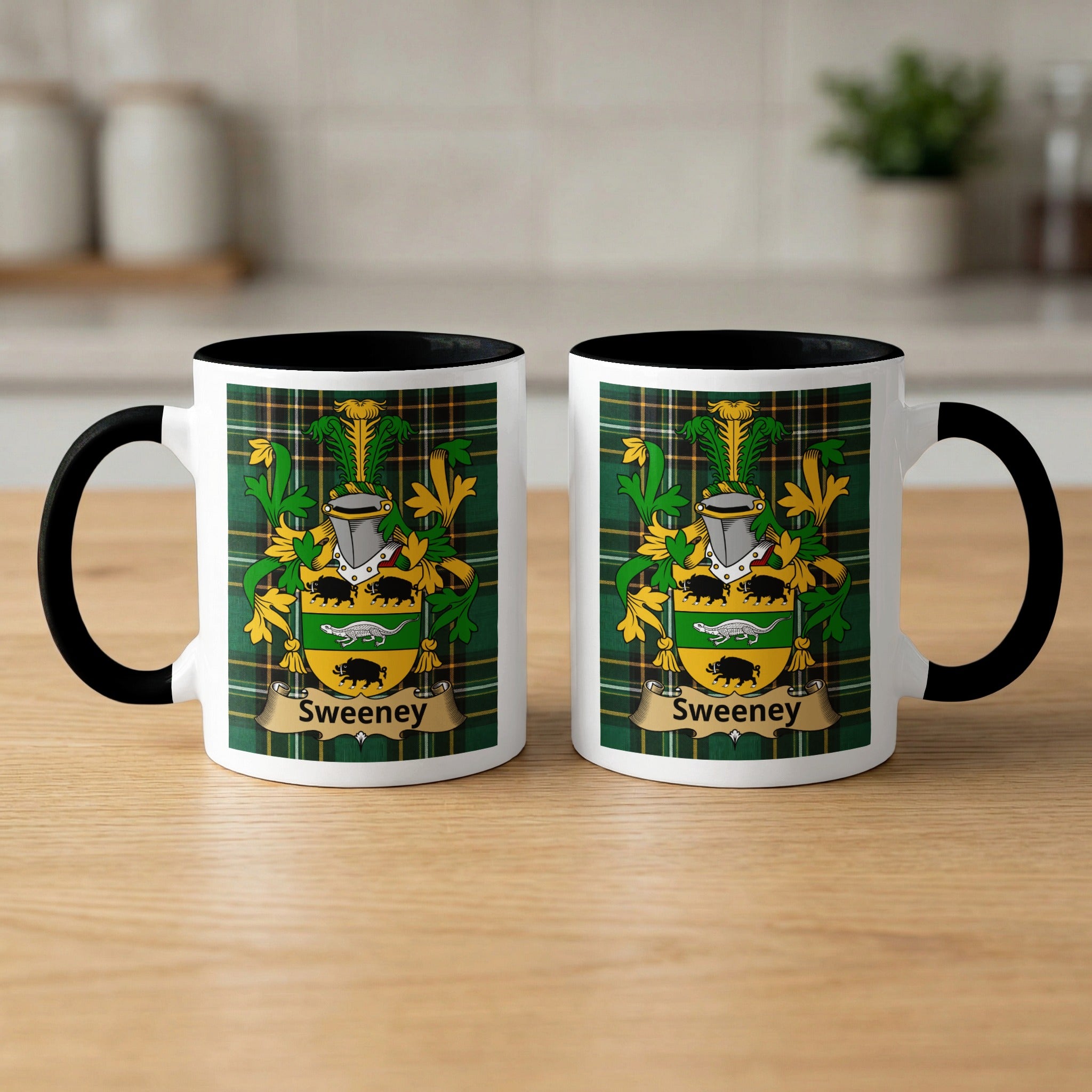 Sweeney Irish surname mugs front and back — family crest on tartan background
