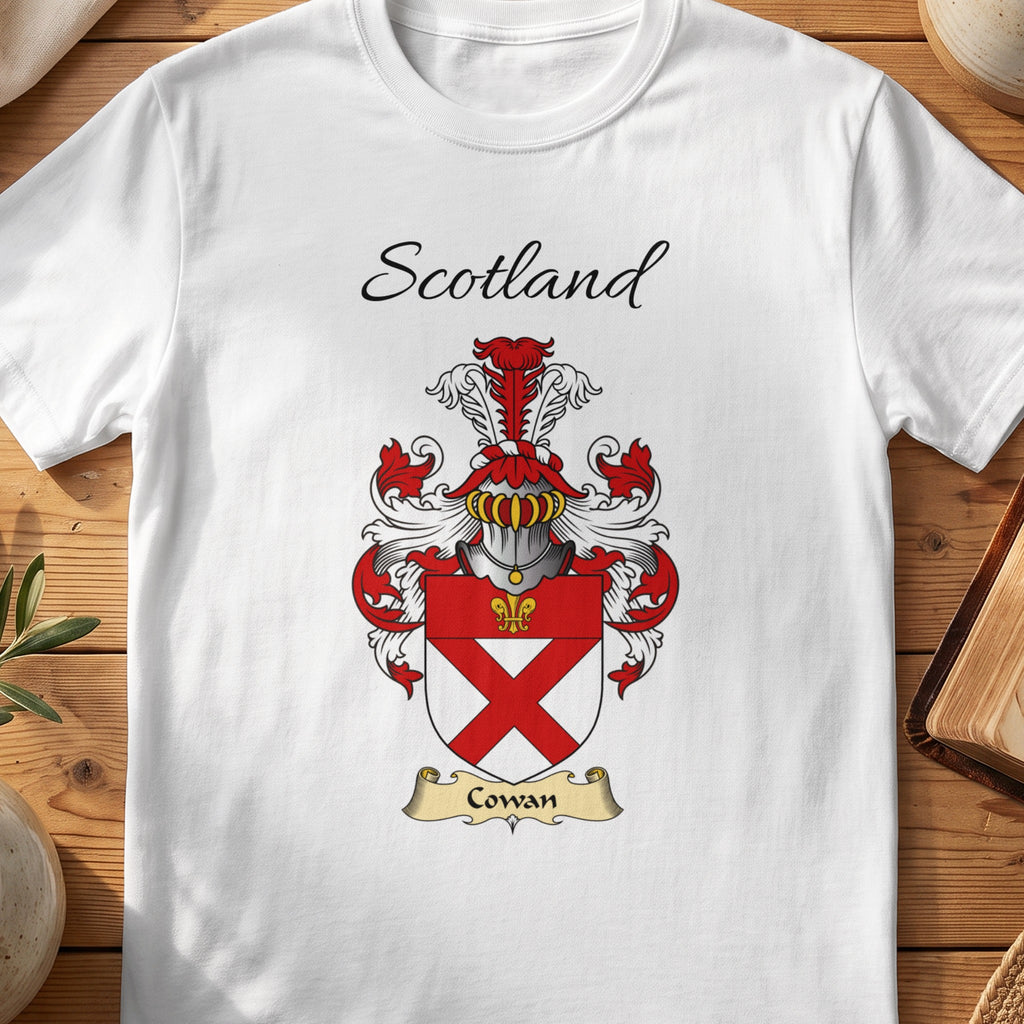 White Cowan Scottish family shield T-shirt featuring a red diagonal cross beneath a red top band