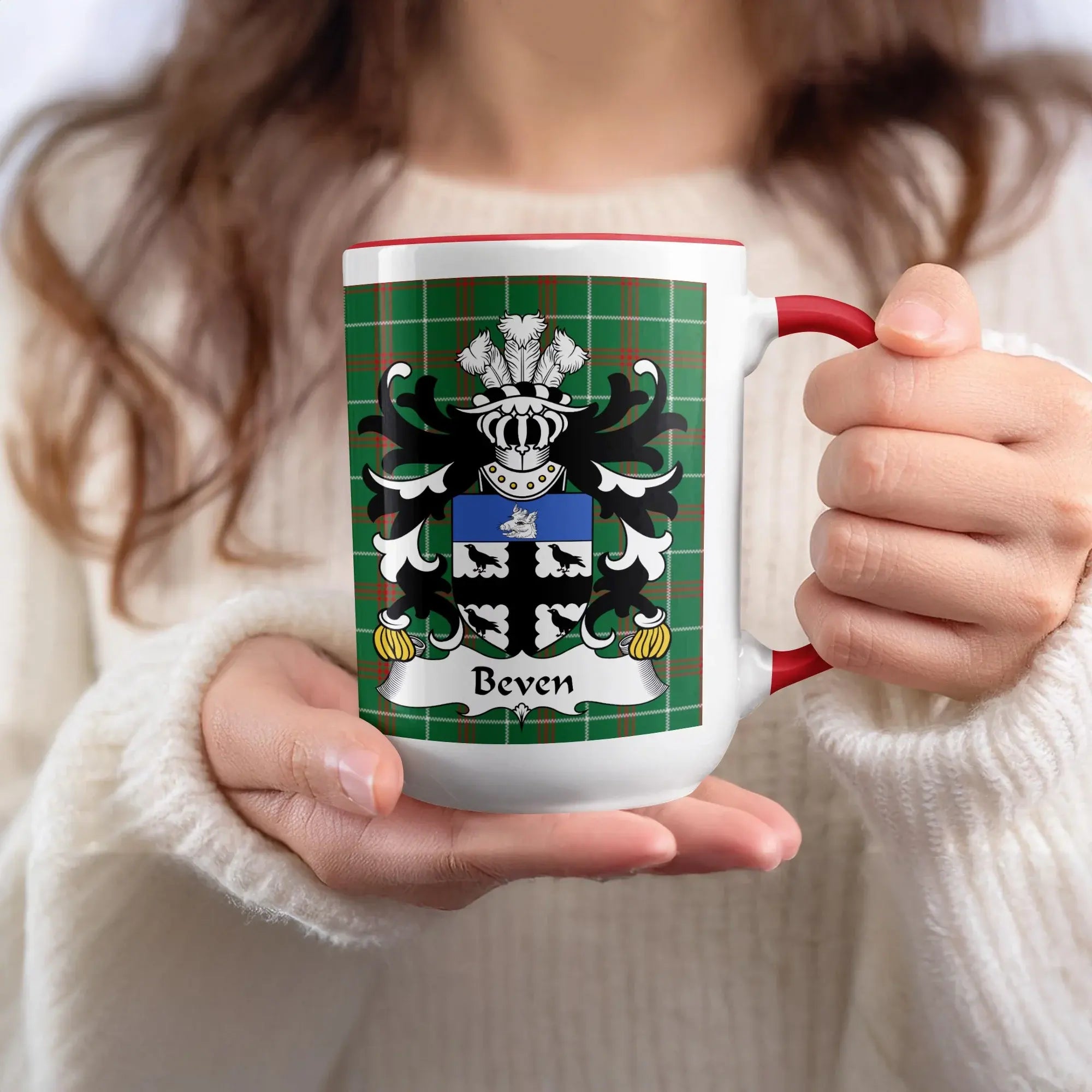 Beven Welsh family name mug with red accent and coat of arms on green plaid tartan