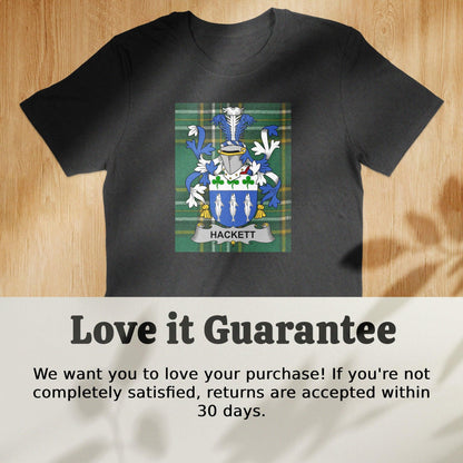 Hackett Family Crest on Irish Tartan Background T-Shirt - Celtic Ancestry Gifts
