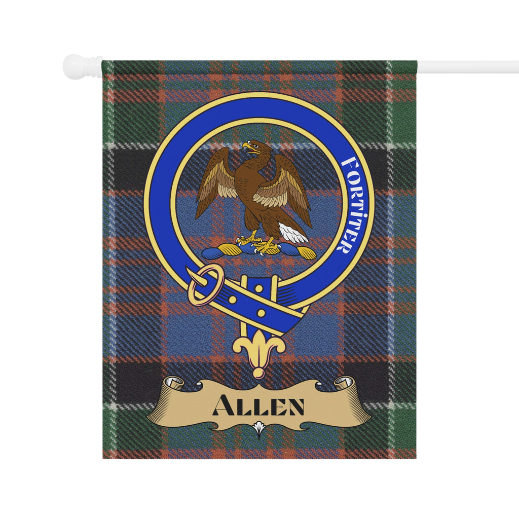 Allen clan crest garden flag on tartan background — outdoor display