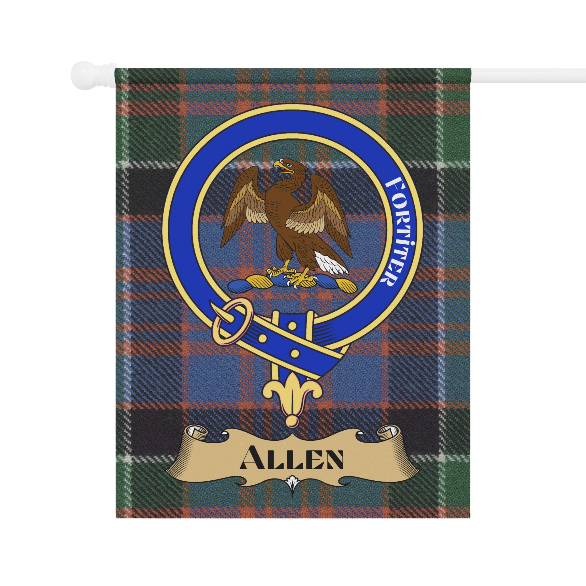 Allen clan crest garden flag on tartan background — outdoor display