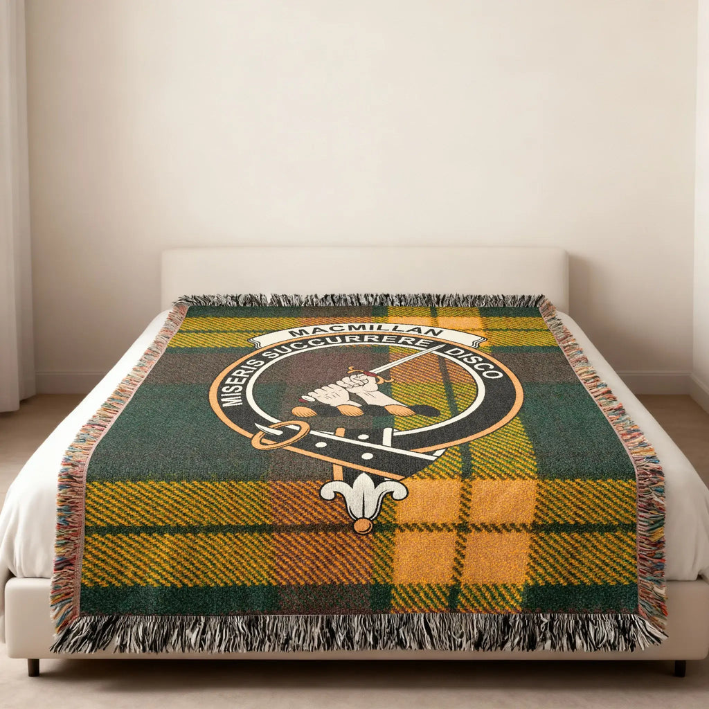 Clan MacMillan woven tartan throw blanket shown folded — 60x50 inch size with heritage crest