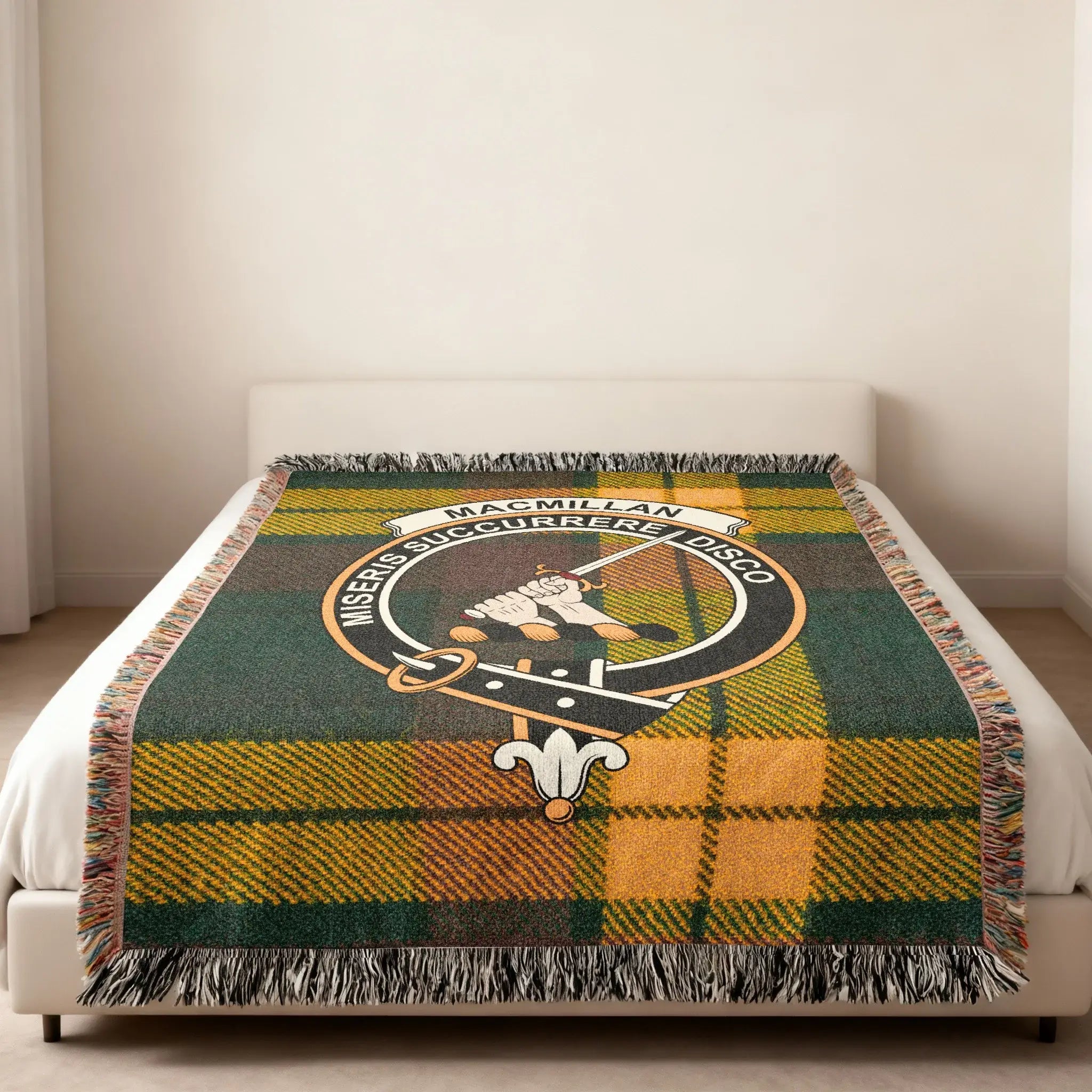 Clan MacMillan woven tartan throw blanket shown folded — 60x50 inch size with heritage crest