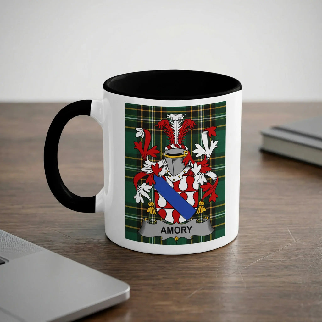 White mug with black rim displaying the Amory family crest.