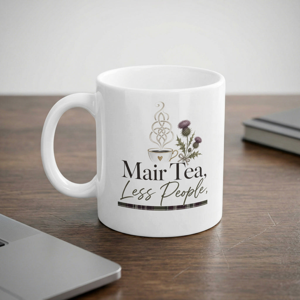 White mug with "Mair Tea, Less People" text, thistle, and tartan pattern.