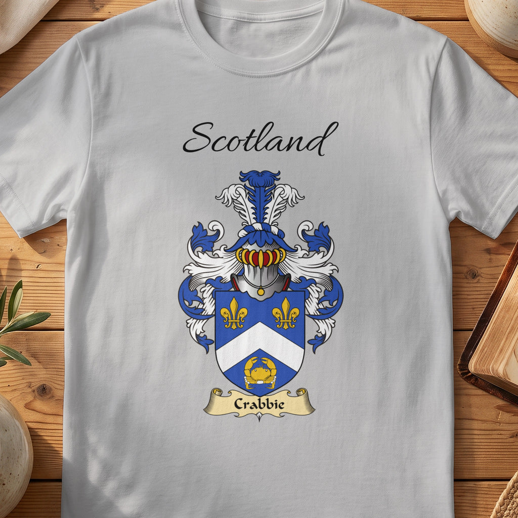 Sport Grey Crabbie Scottish family shield T-shirt featuring a white chevron and gold motifs on blue