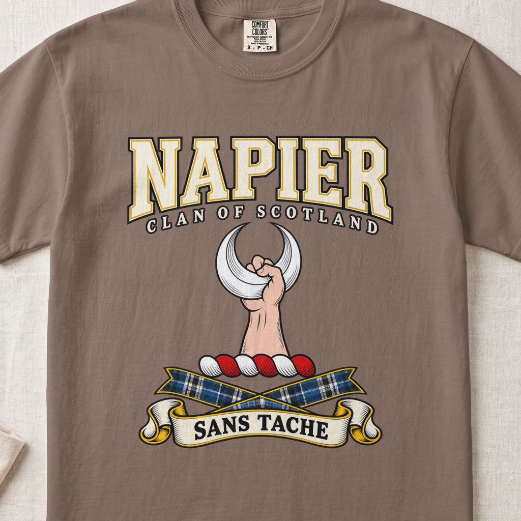 Napier Scottish clan graphic T-shirt in Espresso, front view