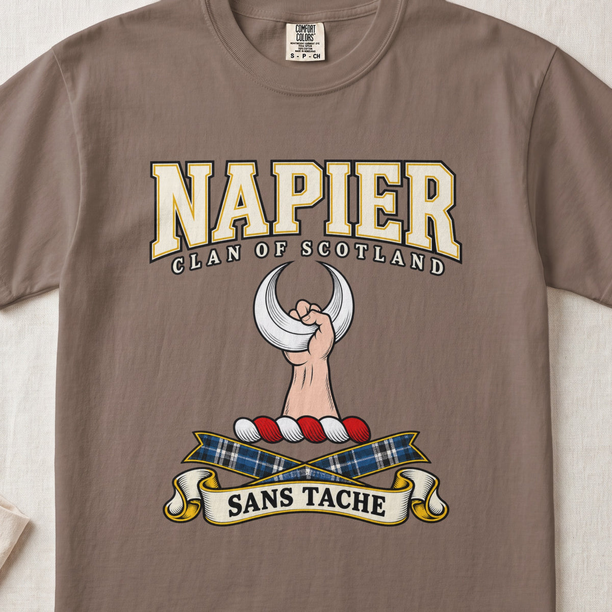 Napier Scottish clan graphic T-shirt in Espresso, front view