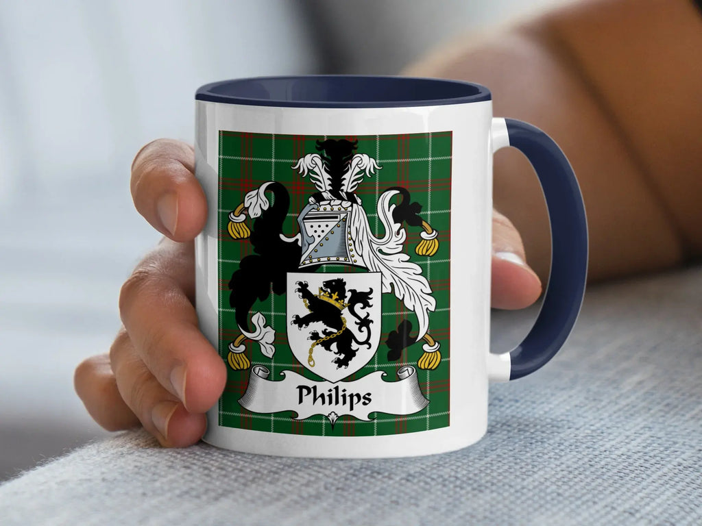 Philips Welsh family crest mug with navy accent and coat of arms on tartan