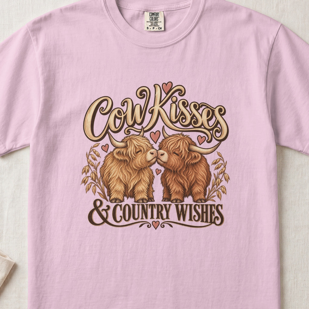 Cow Kisses & Country Wishes Highland cow design on a Blossom Comfort Colors 1717 T-shirt, flat lay
