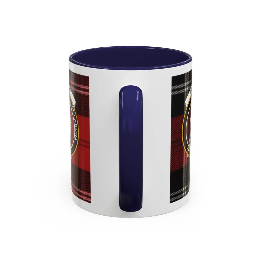 Clan Ramsay Scottish tartan mug — close-up of red and black plaid with crest