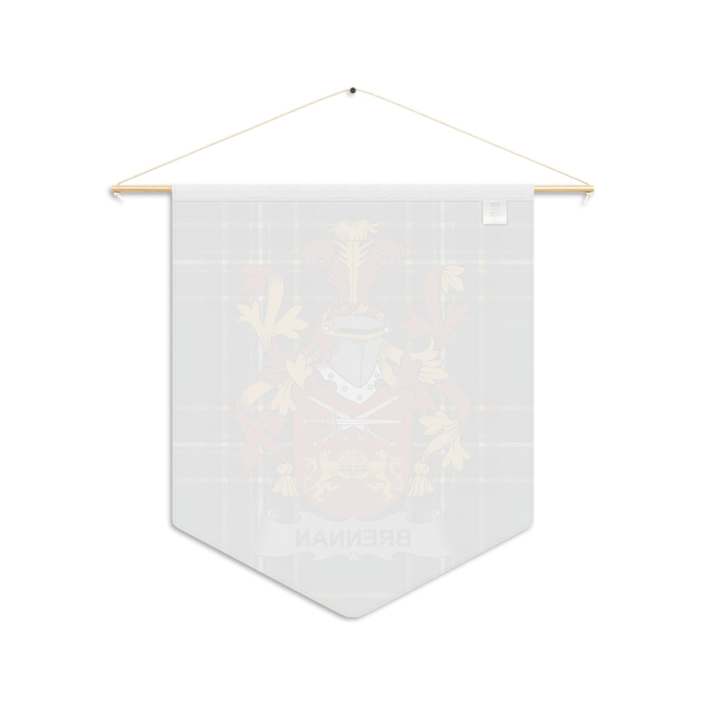 Pennant banner with Brennan crest on tartan background.