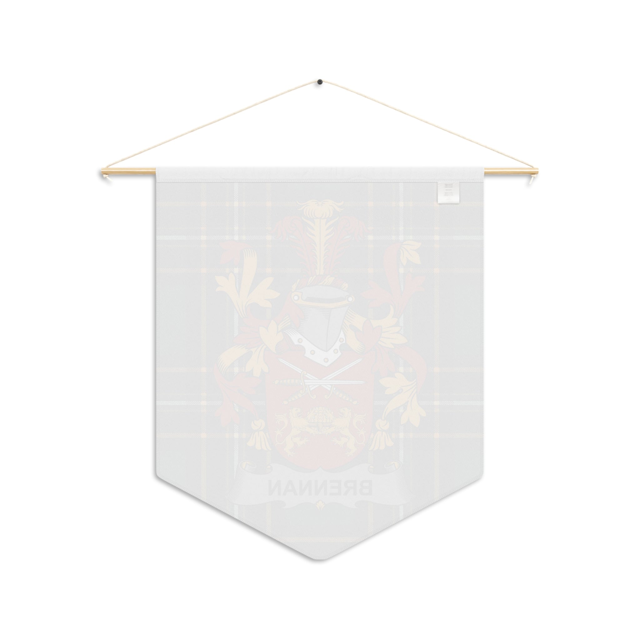 Pennant banner with Brennan crest on tartan background.