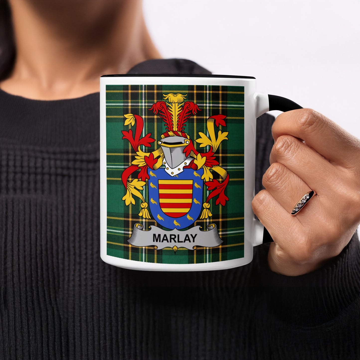 Mug with Marlay coat of arms on green plaid background.
