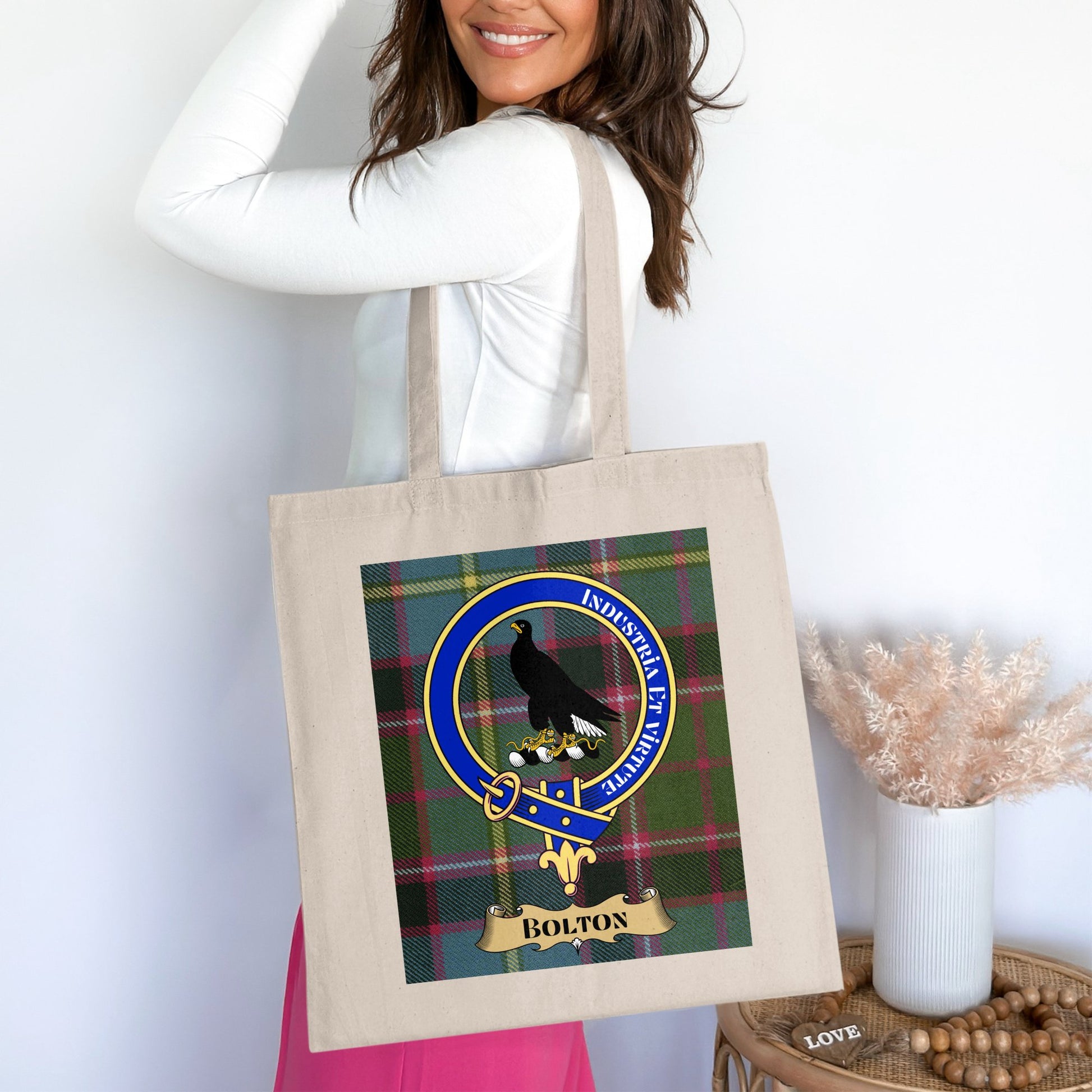 Bolton Scottish Clan Crest on Tartan Background Tote Bag - Living Stone Gifts