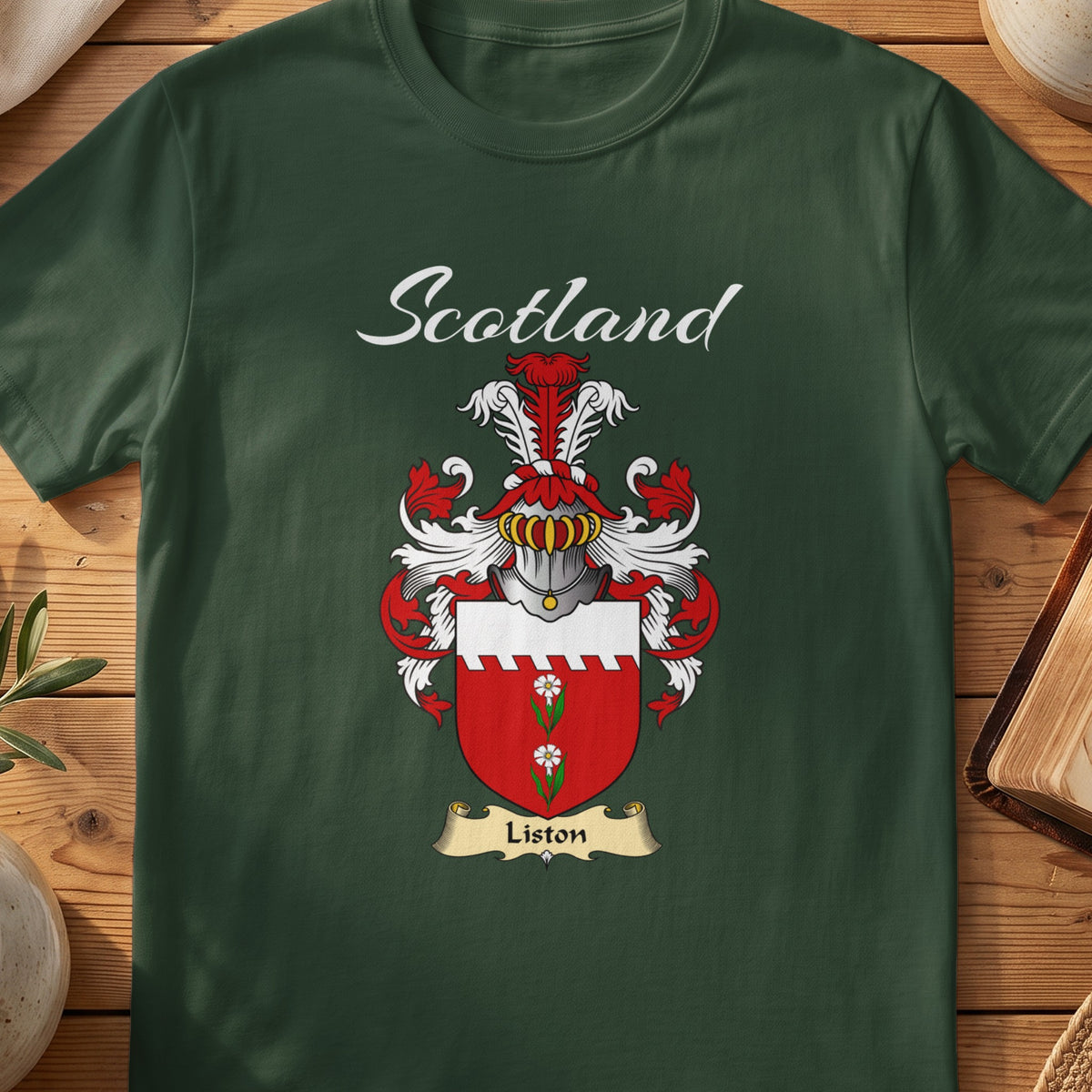 Forest Green Liston Scottish T-shirt featuring a red shield with a white top band and green motif