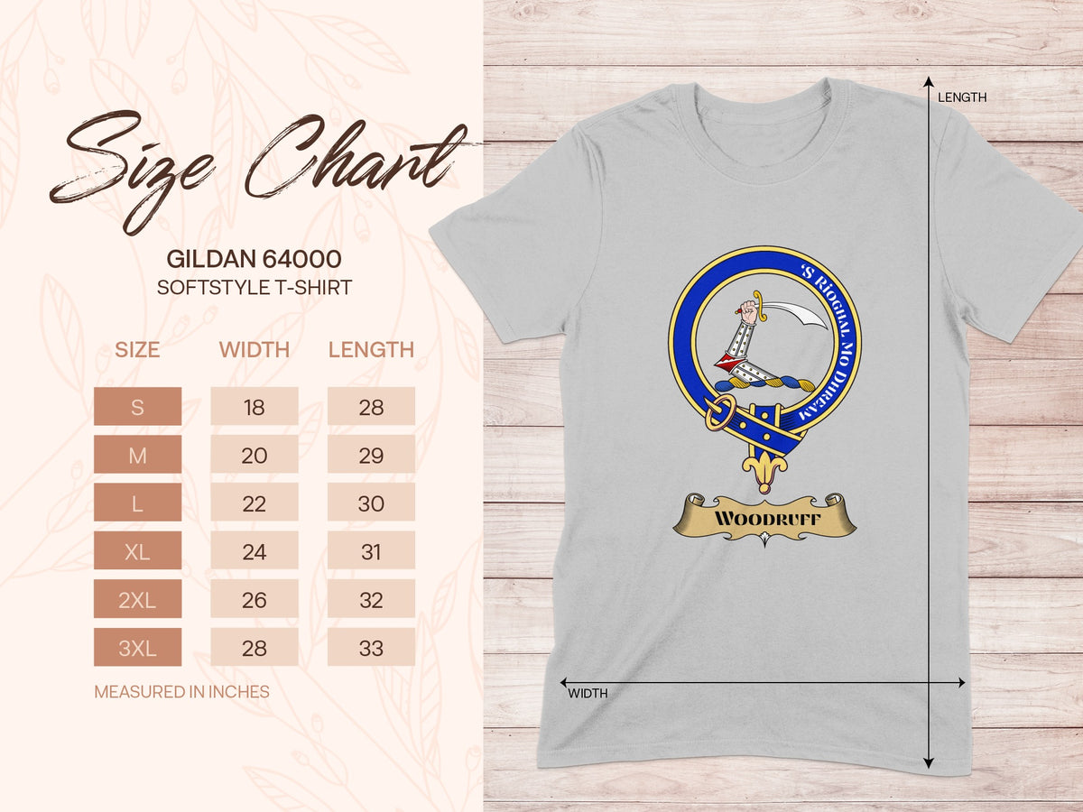 Gildan 64000 size chart for Woodruff Scottish clan crest T-shirt