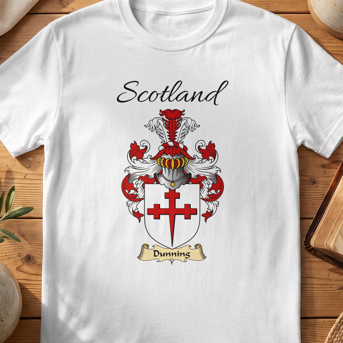 White Dunning Scottish family shield T-shirt featuring a red double cross on a white shield
