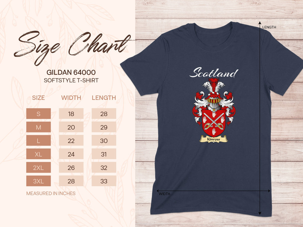 Gildan 64000 size chart for the Kinross unisex T-shirt, sizes S to 3XL