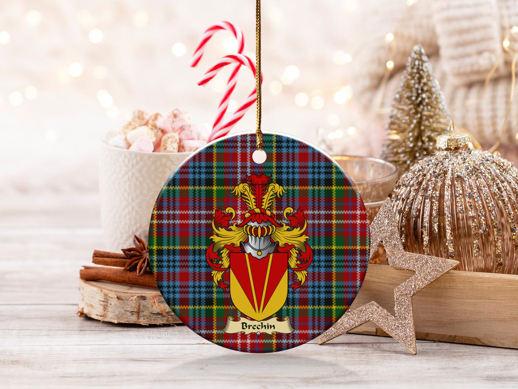 Brechin family emblem ceramic Christmas ornament with Caledonia tartan background in festive holiday décor