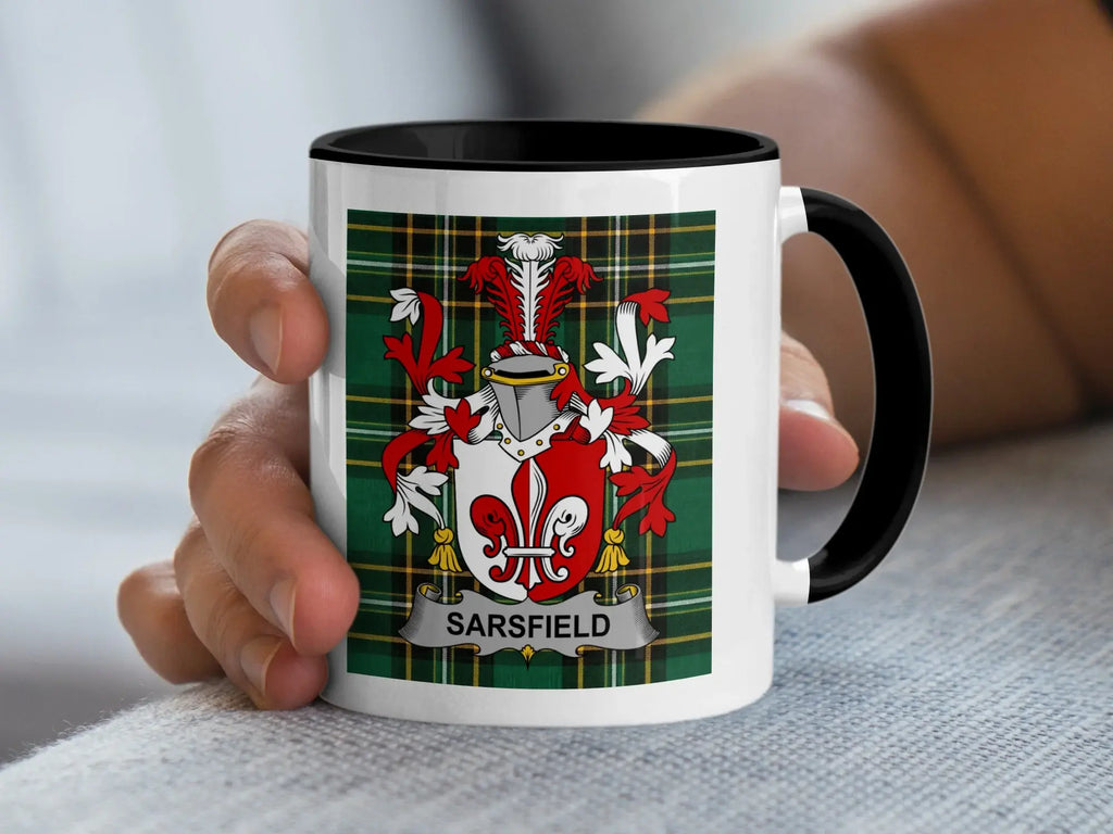 Sarsfield Irish family crest black accent mug on Irish National Tartan