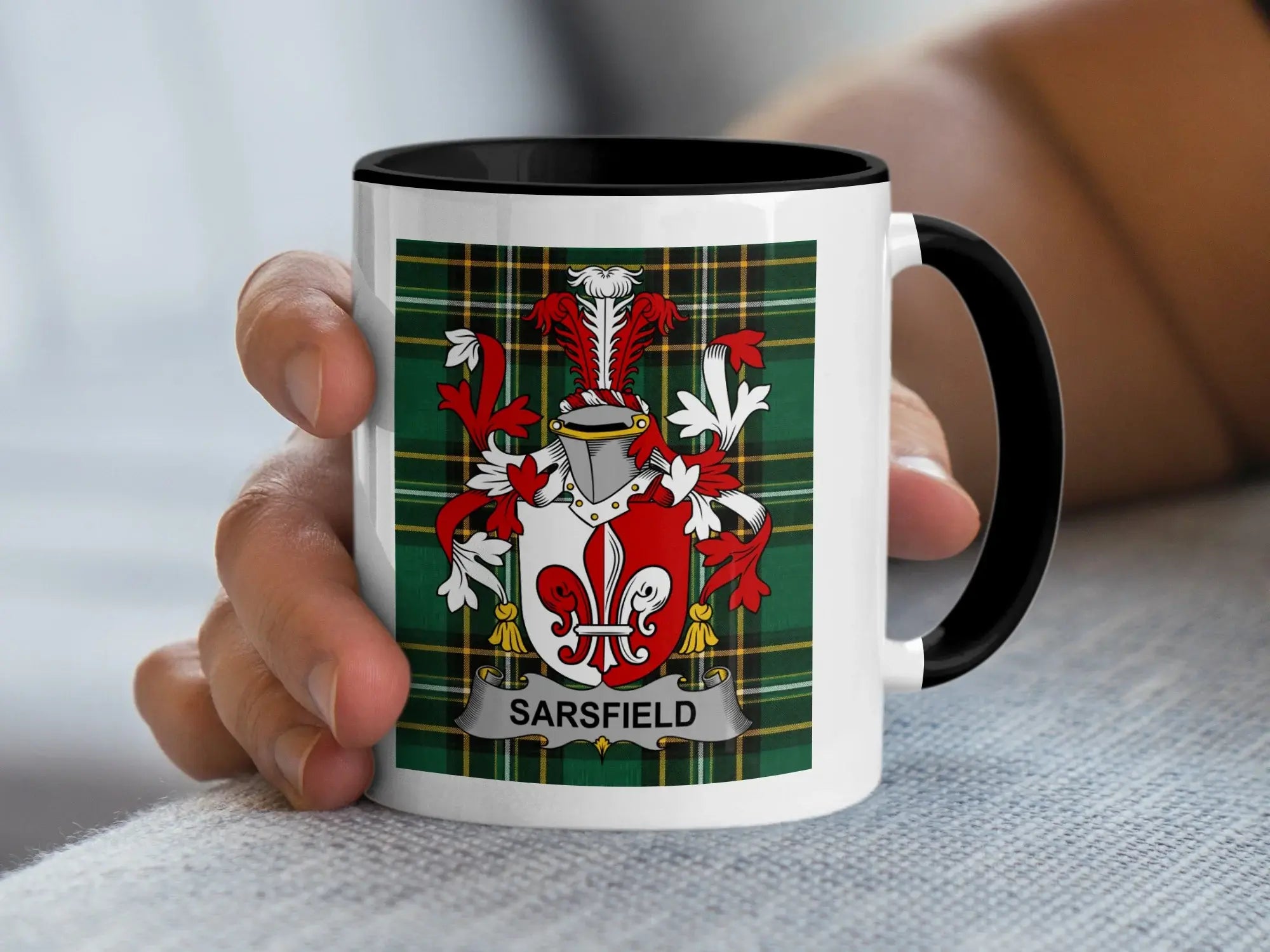 Sarsfield Irish family crest black accent mug on Irish National Tartan