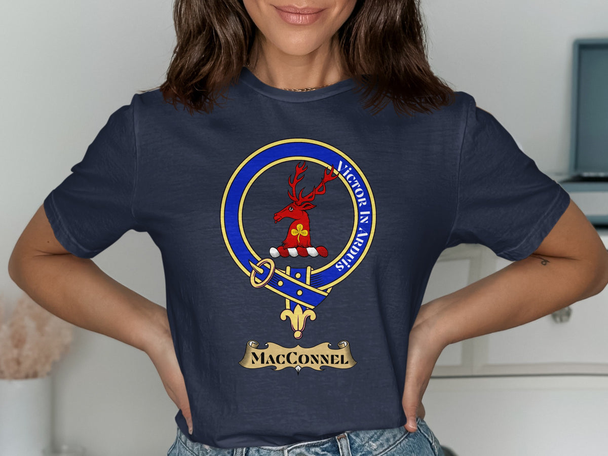 MacConnel Scottish clan crest design on navy T-shirt