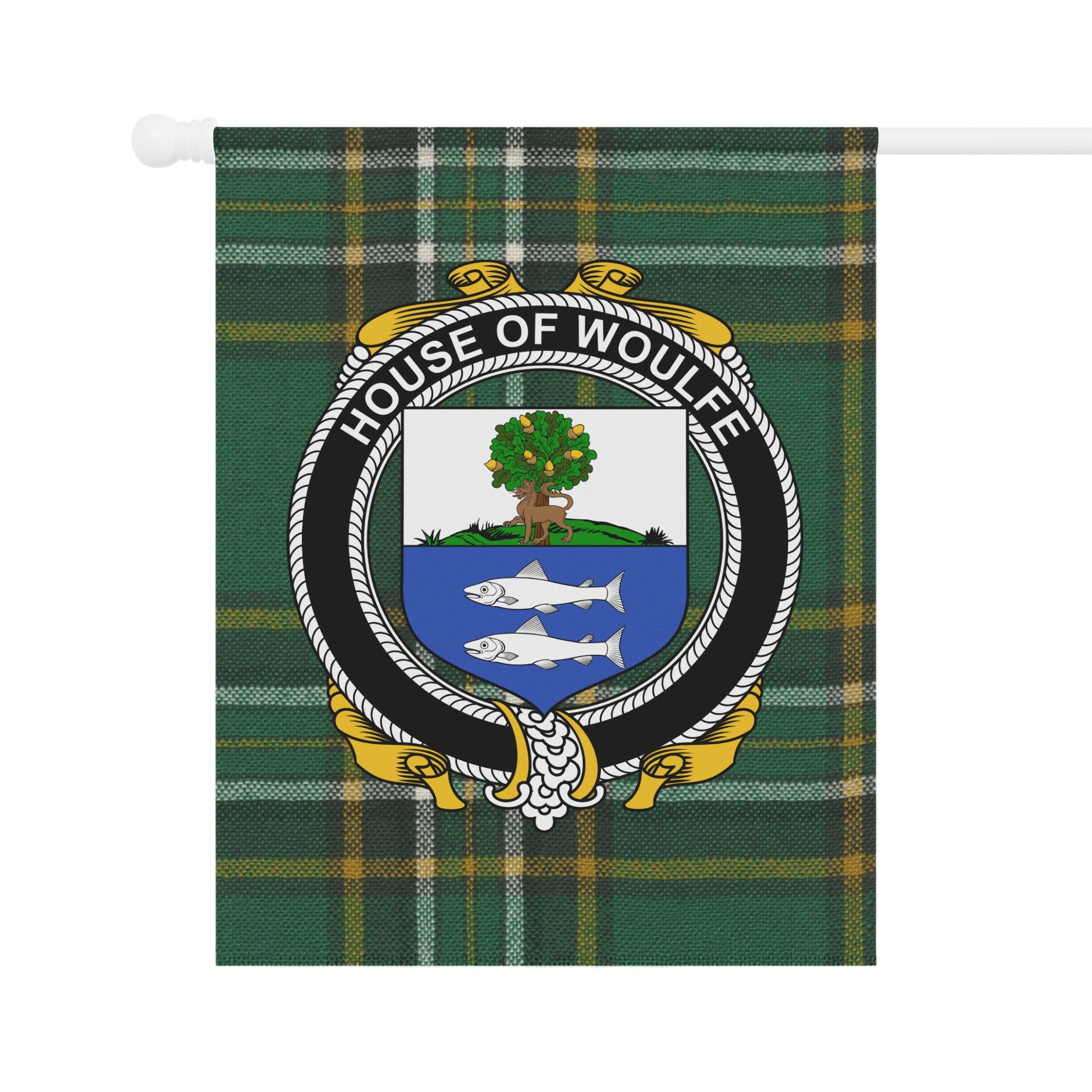 House of Woulfe Family Crest on Green Checkered Flag