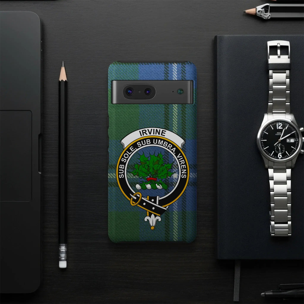 Clan Irvine crest phone case — UV-resistant coating, full colour tartan wrap, multiple device options