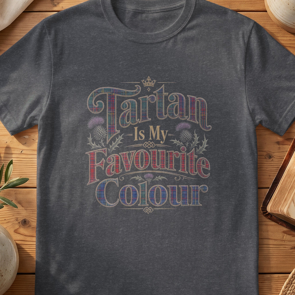 Dark grey Gildan 64000 unisex T-shirt flatlay with Tartan Is My Favourite Colour Scottish graphic design