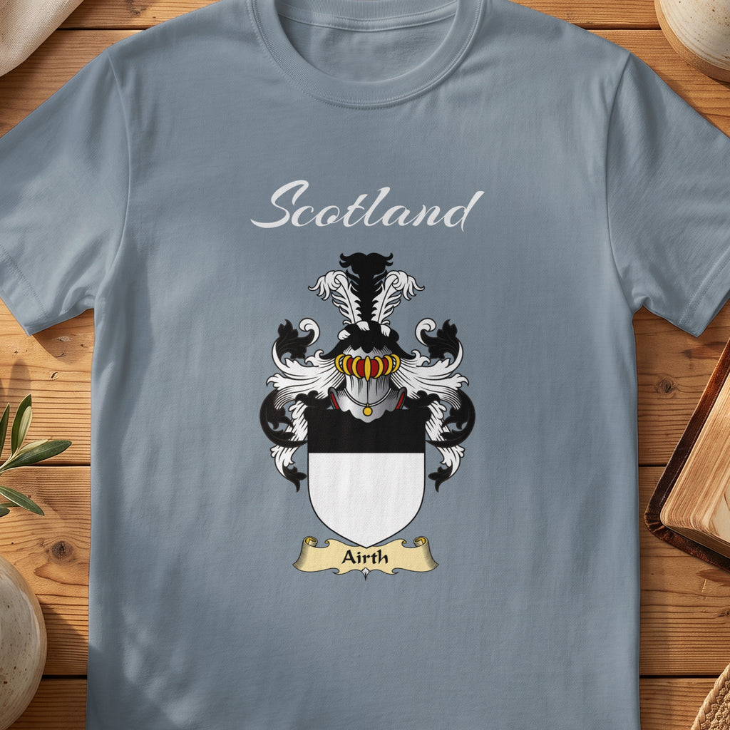 Airth Scottish family shield T-shirt in Stone Blue