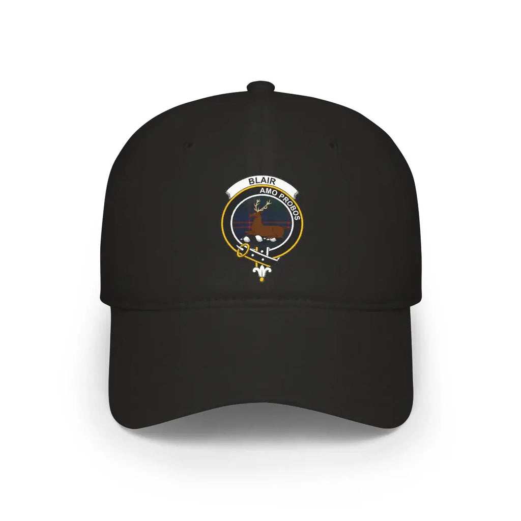 Clan Blair crest tartan baseball cap in khaki — Amo Probos stag design, 100% cotton Scottish heritage hat