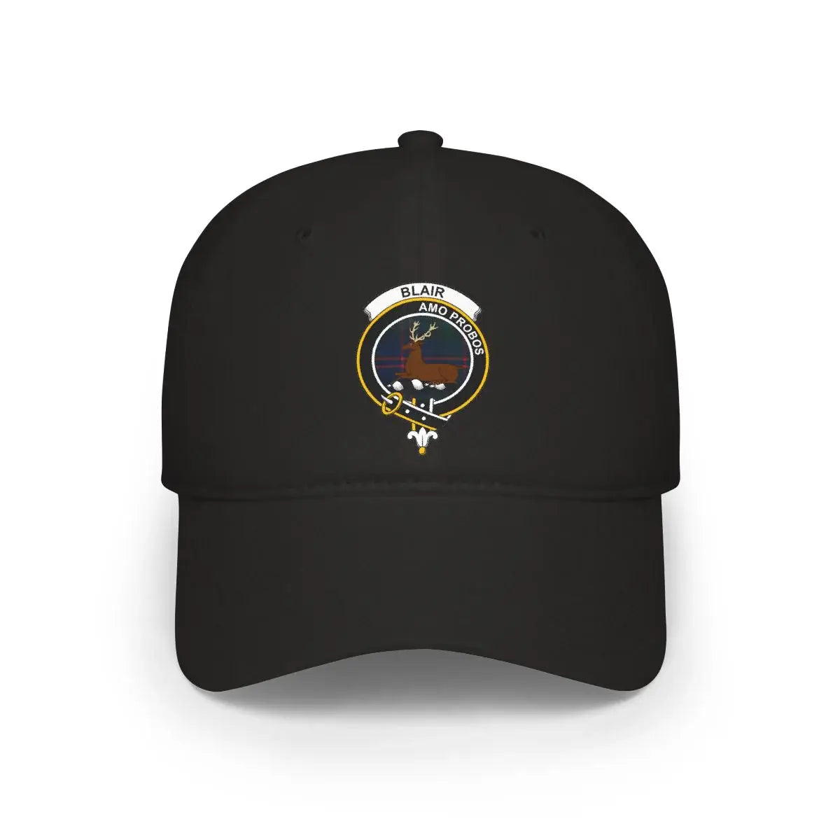 Clan Blair crest tartan baseball cap in khaki — Amo Probos stag design, 100% cotton Scottish heritage hat