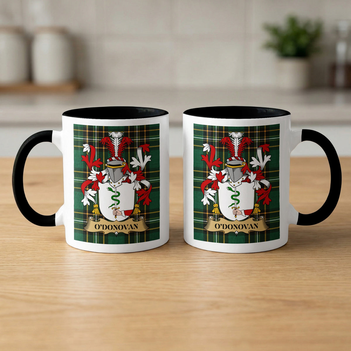 Pair of O'Donovan Irish National Tartan family crest mugs
