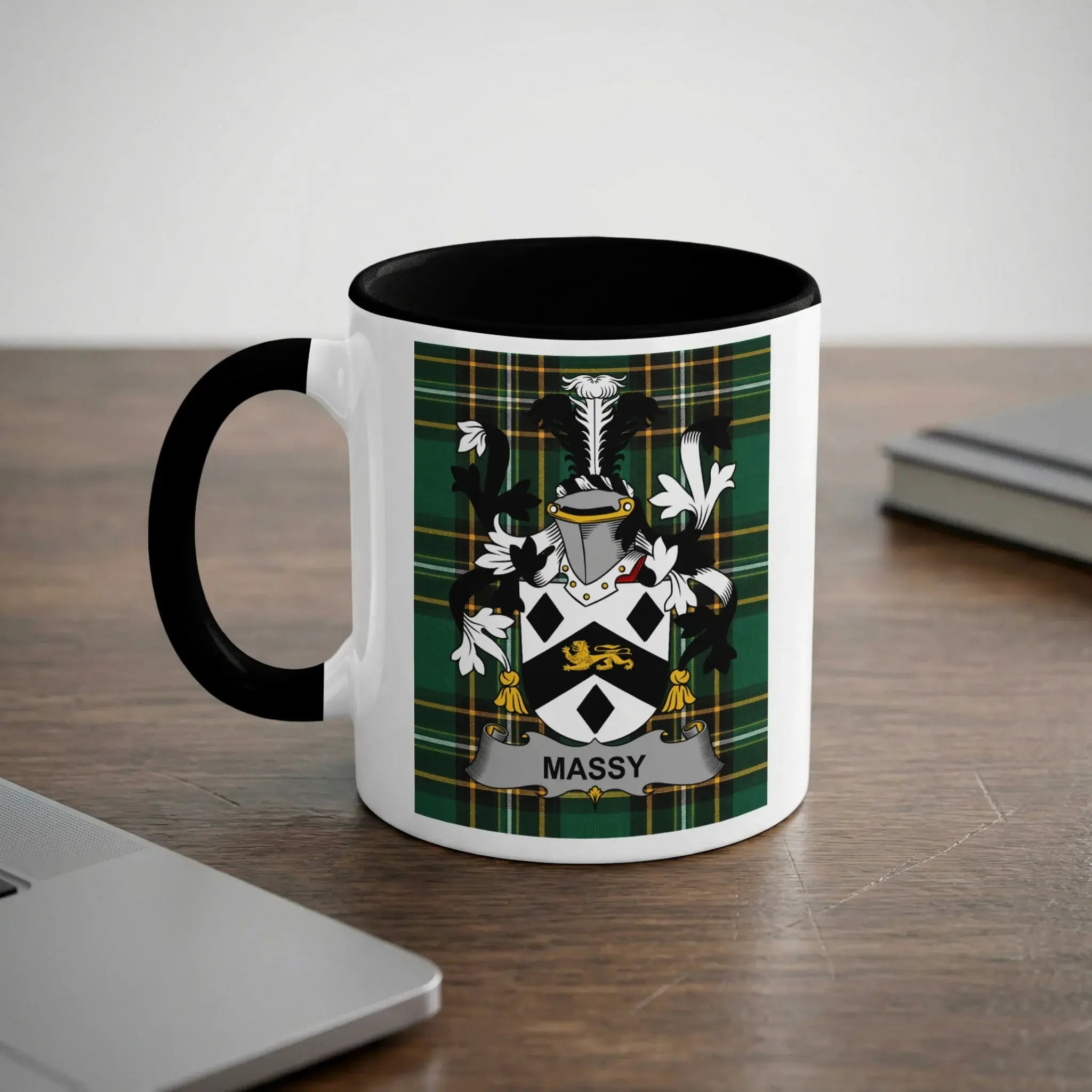 Massy Irish heritage mug with black handle and family crest