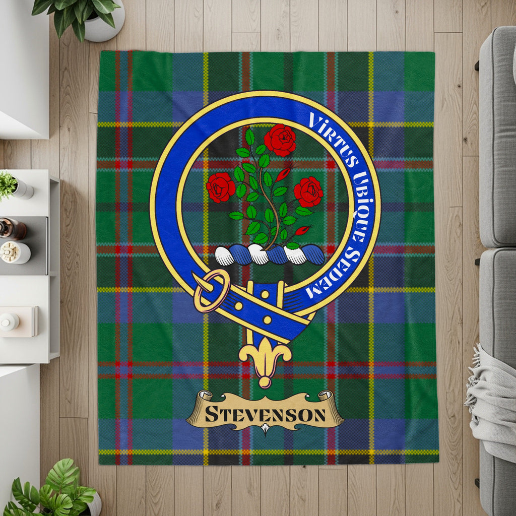 Stevenson crest and motto on tartan printed throw — detail view