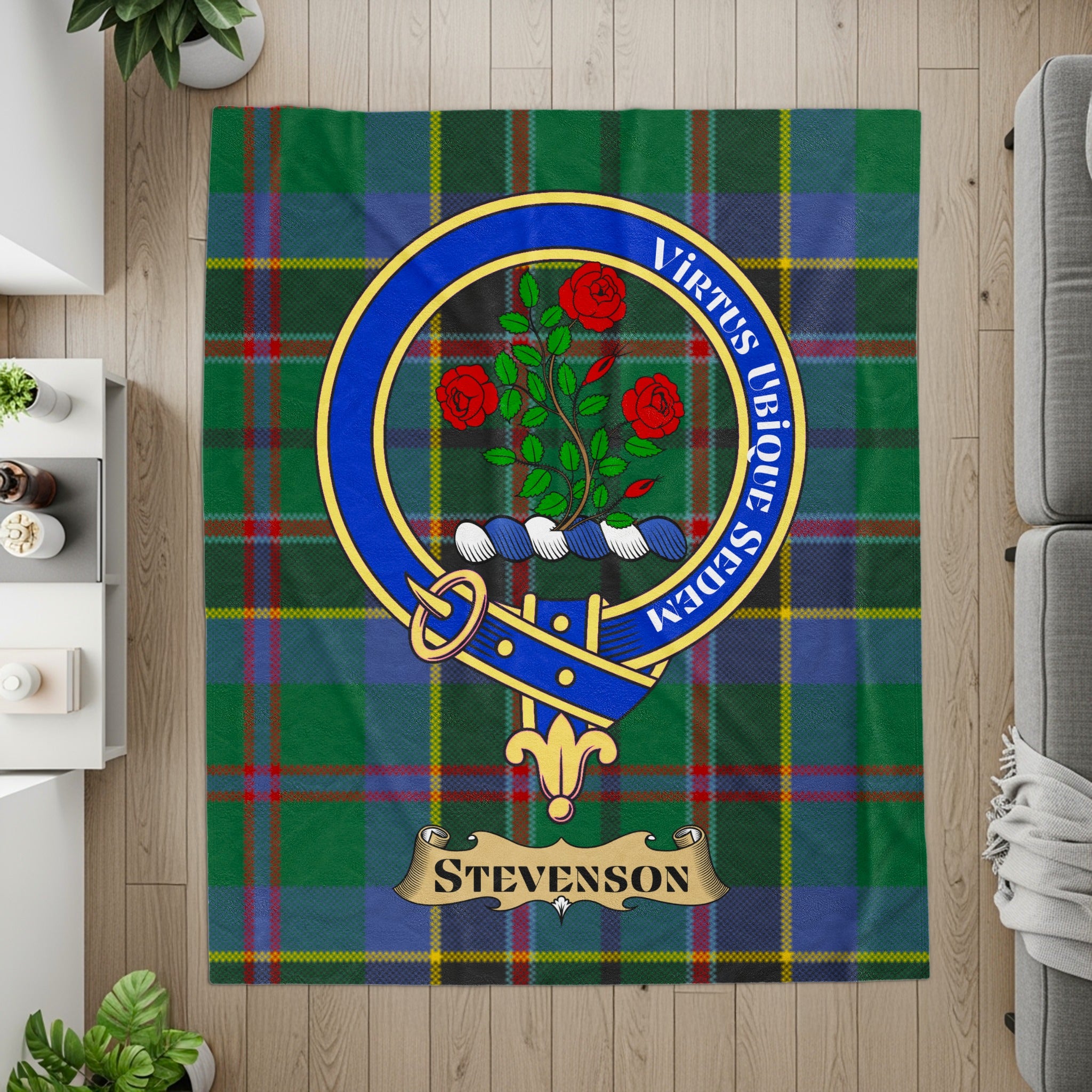 Stevenson crest and motto on tartan printed throw — detail view