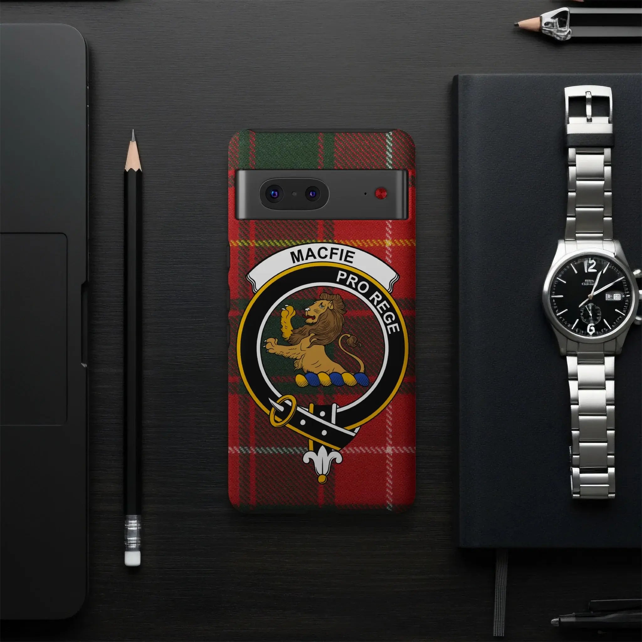 MacFie lion rampant tartan phone case shown on Samsung Galaxy — glossy UV-resistant print