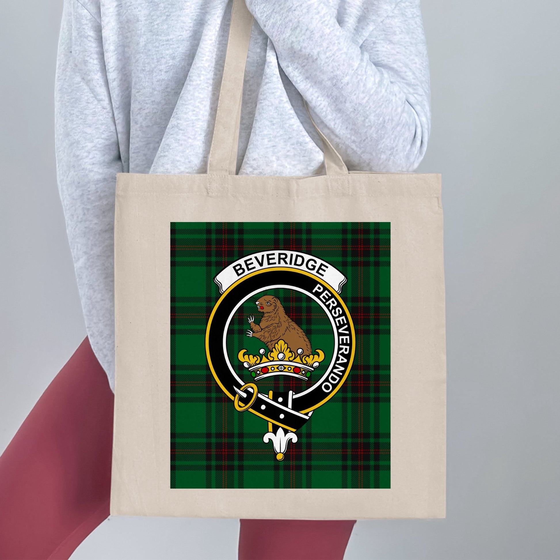 Beveridge Clan Crest on Green Scottish Tartan Tote Bag - Living Stone Gifts