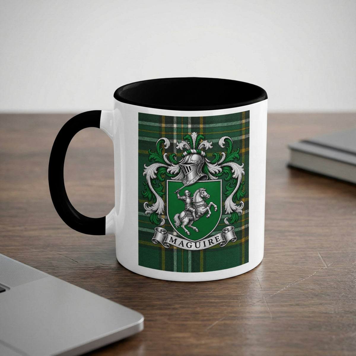 Maguire Irish family crest 11 oz ceramic mug with black handle, rim and Irish National Tartan