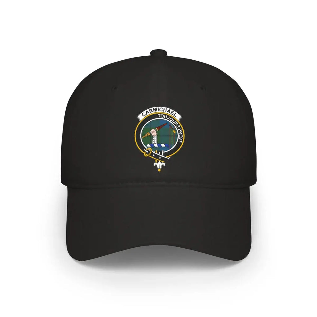 Clan Carmichael toujours prest crest printed cap in black — low-profile cotton clan hat