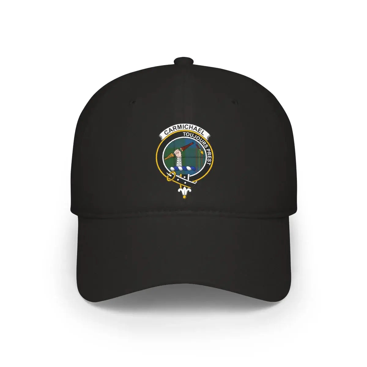 Clan Carmichael toujours prest crest printed cap in black — low-profile cotton clan hat