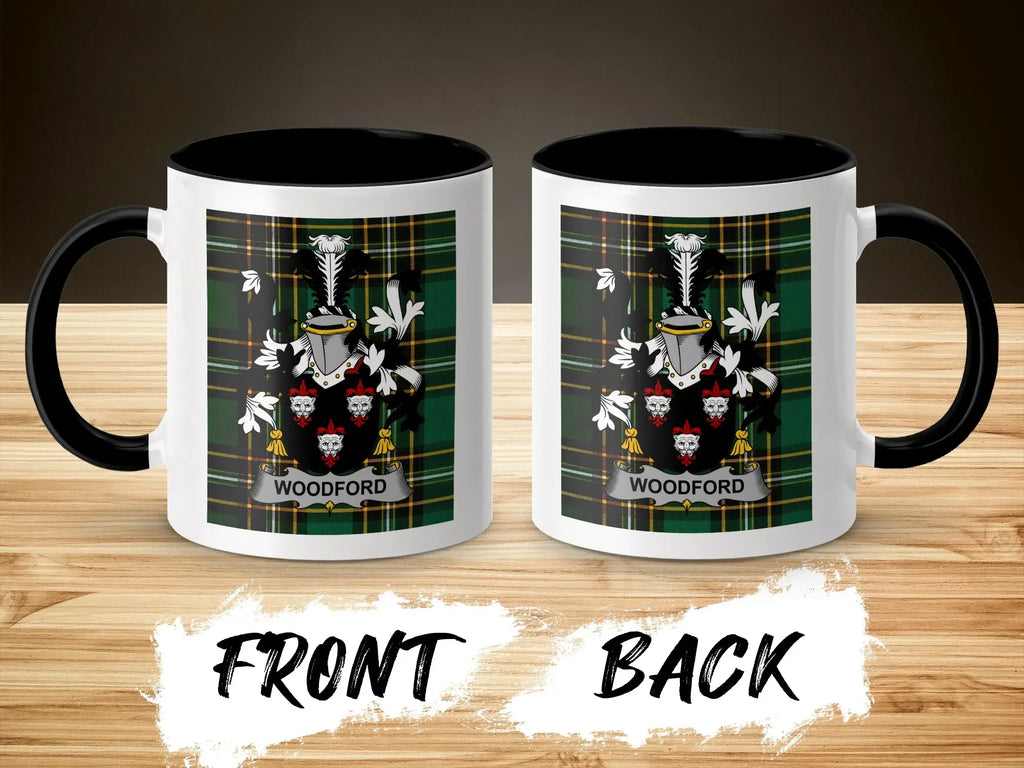 Front and back of a Woodford family crest mug on a wooden surface.