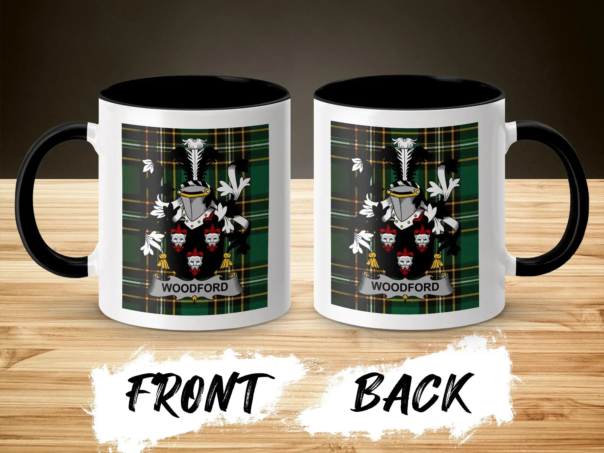 Front and back of a Woodford family crest mug on a wooden surface.